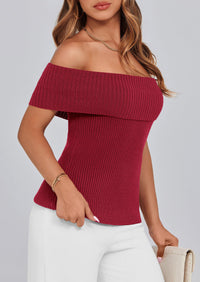 Off Shoulder Ribbed Knit Short Sleeve Blouse