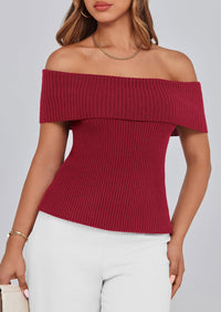 Off Shoulder Ribbed Knit Short Sleeve Blouse