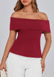 Off Shoulder Ribbed Knit Short Sleeve Blouse