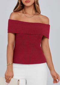 Off Shoulder Ribbed Knit Short Sleeve Blouse