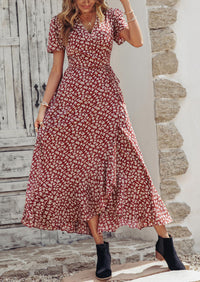 Floral V Neck Short Sleeve Midi Dresses
