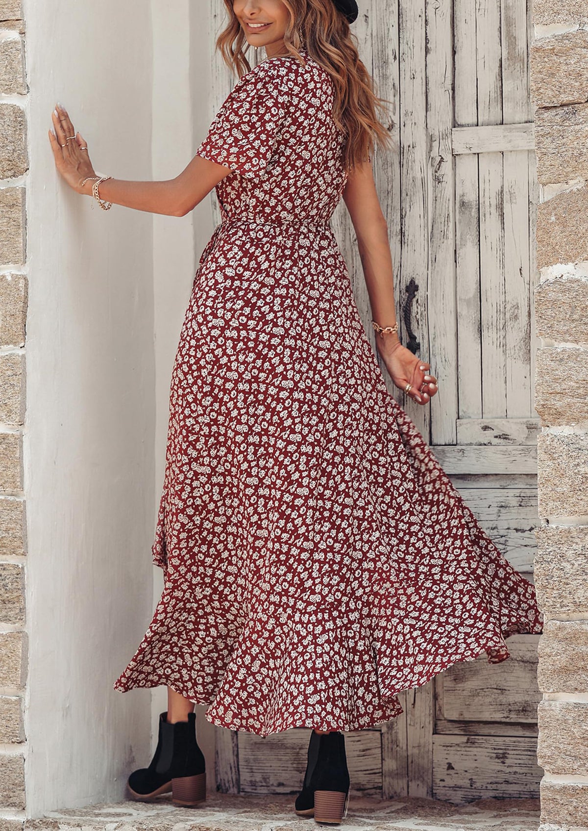 Floral V Neck Short Sleeve Midi Dresses