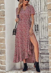 Floral V Neck Short Sleeve Midi Dresses