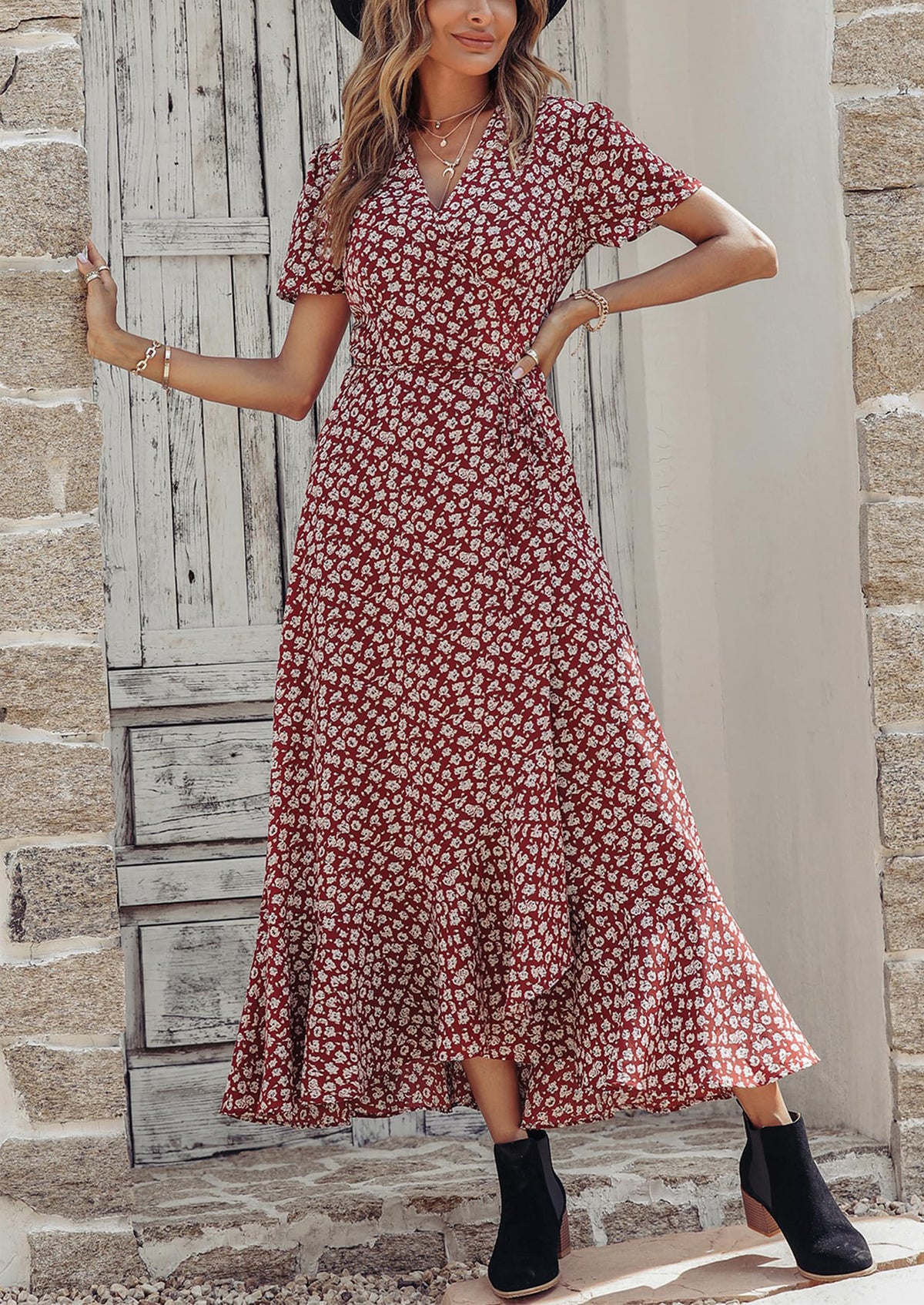 Floral V Neck Short Sleeve Midi Dresses