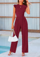 Casual Ruffle Cap Sleeves Crew Neck Rib Knit Jumpsuits