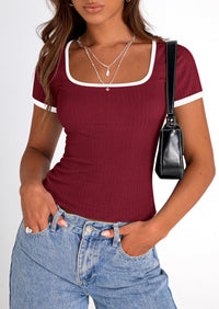 Casual Short Sleeve Ribbed Knit Square Neck Color Block Slim Fit Basic Crop T-shirts