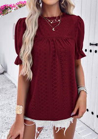 Casual Crew Neck Ruffle Short Sleeve Eyelet Babydoll Blouse