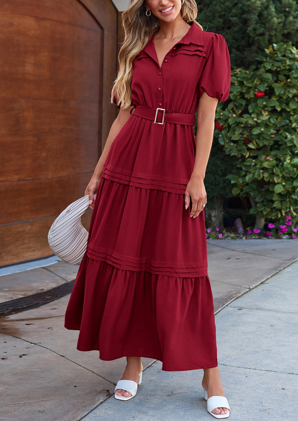 Puff Short Sleeve Lapel V Neck Tiered A-Line Flowy Party Dresses With Belt