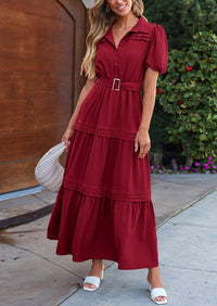 Puff Short Sleeve Lapel V Neck Tiered A-Line Flowy Party Dresses With Belt