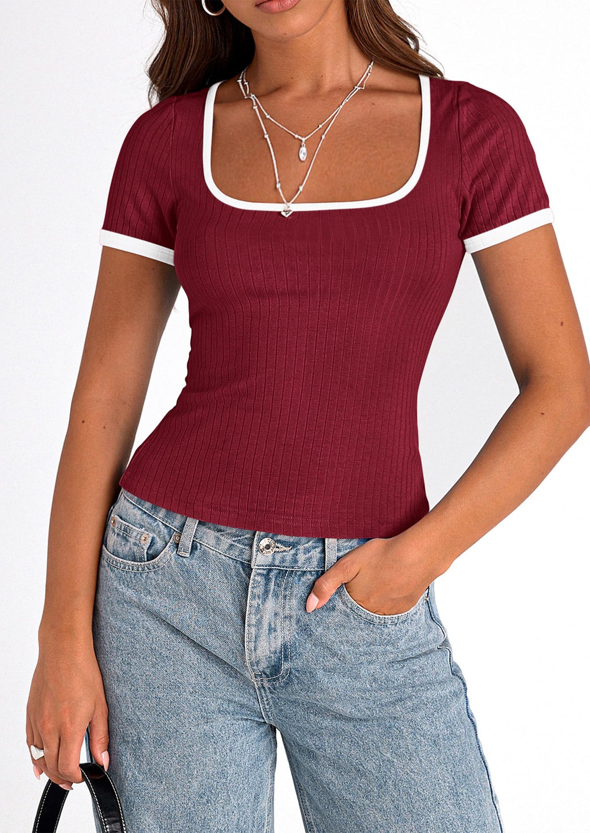 Casual Short Sleeve Ribbed Knit Square Neck Color Block Slim Fit Basic Crop T-shirts