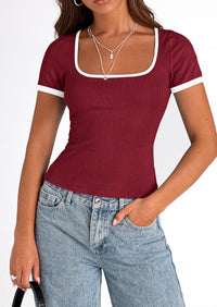 Casual Short Sleeve Ribbed Knit Square Neck Color Block Slim Fit Basic Crop T-shirts