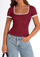 Casual Short Sleeve Ribbed Knit Square Neck Color Block Slim Fit Basic Crop T-shirts