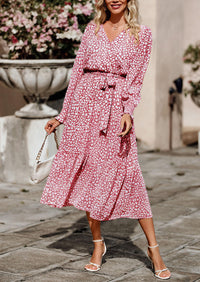 Long Sleeve V Neck Ruffle Belted Boho Dresses