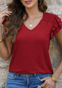 Casual Ruffle Short Sleeve V Neck T-shirts