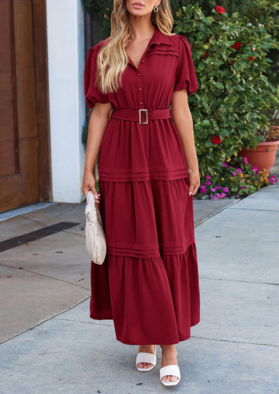 PRETTYGARDEN Women's Summer Maxi Dress Puff Short Sleeve Lapel V Neck Tiered A Line Flowy Elegant Party Dresses with Belt