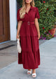 Puff Short Sleeve Lapel V Neck Tiered A-Line Flowy Party Dresses With Belt