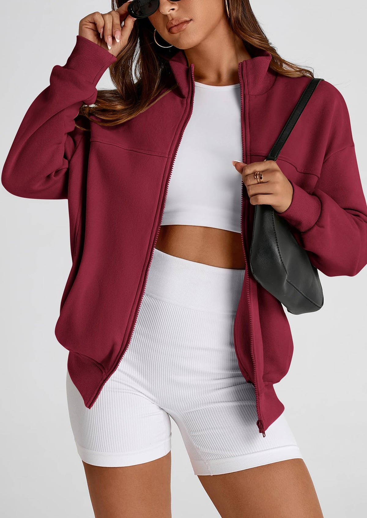 Full Zip Up Long Sleeve Loose Fit Trendy Casual Cardigan with Pockets