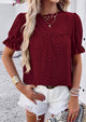 Casual Crew Neck Ruffle Short Sleeve Eyelet Babydoll Blouse