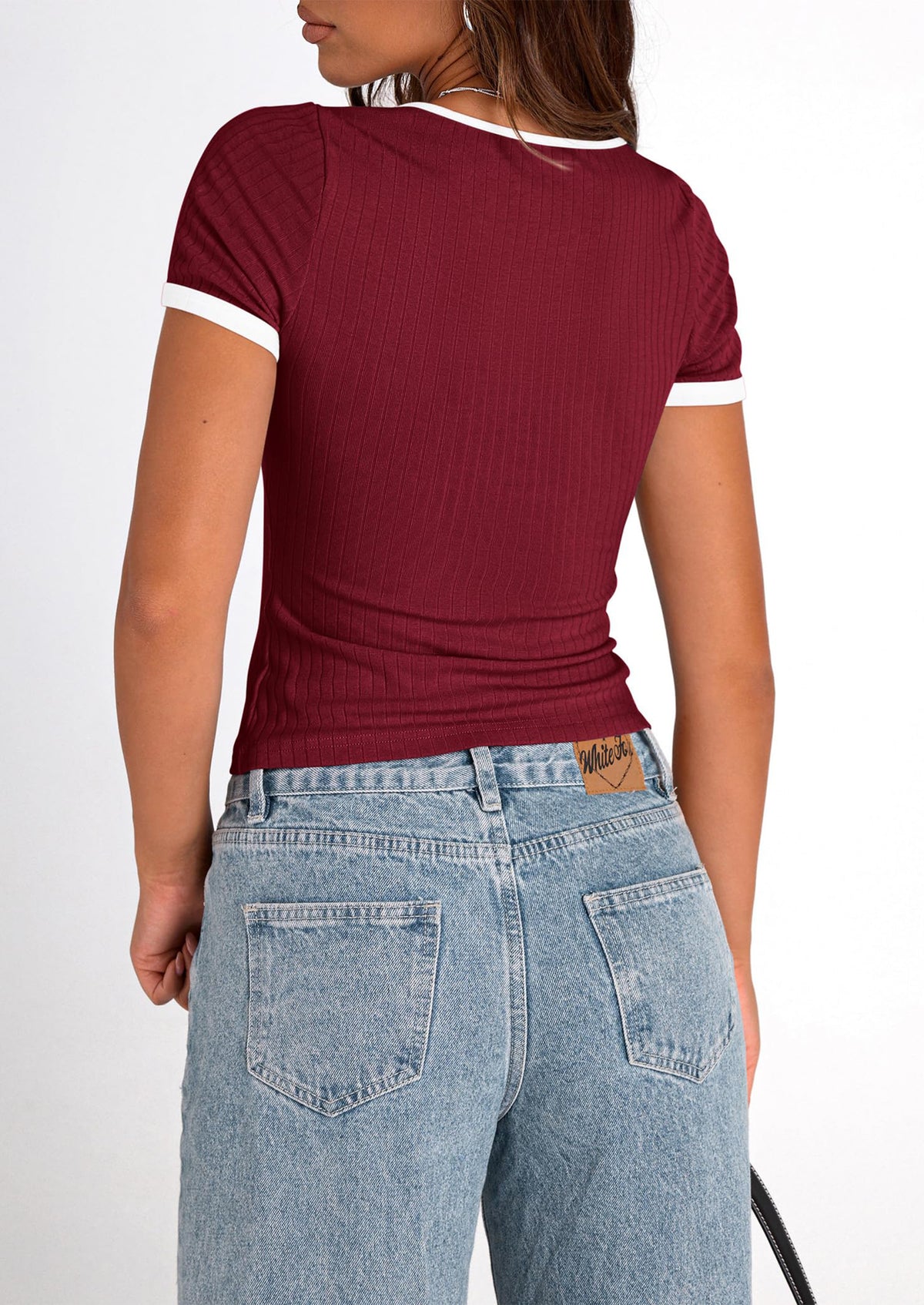Casual Short Sleeve Ribbed Knit Square Neck Color Block Slim Fit Basic Crop T-shirts