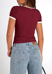 Casual Short Sleeve Ribbed Knit Square Neck Color Block Slim Fit Basic Crop T-shirts