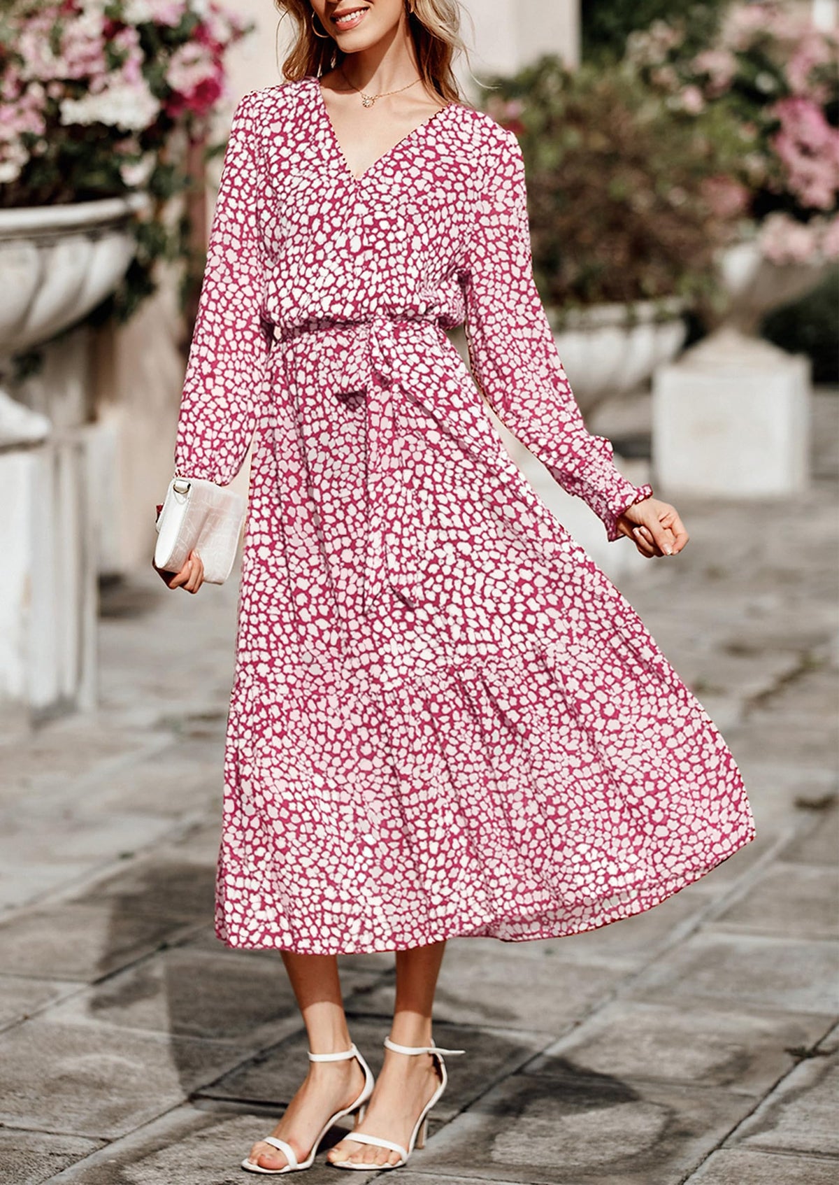 Long Sleeve V Neck Ruffle Belted Boho Dresses