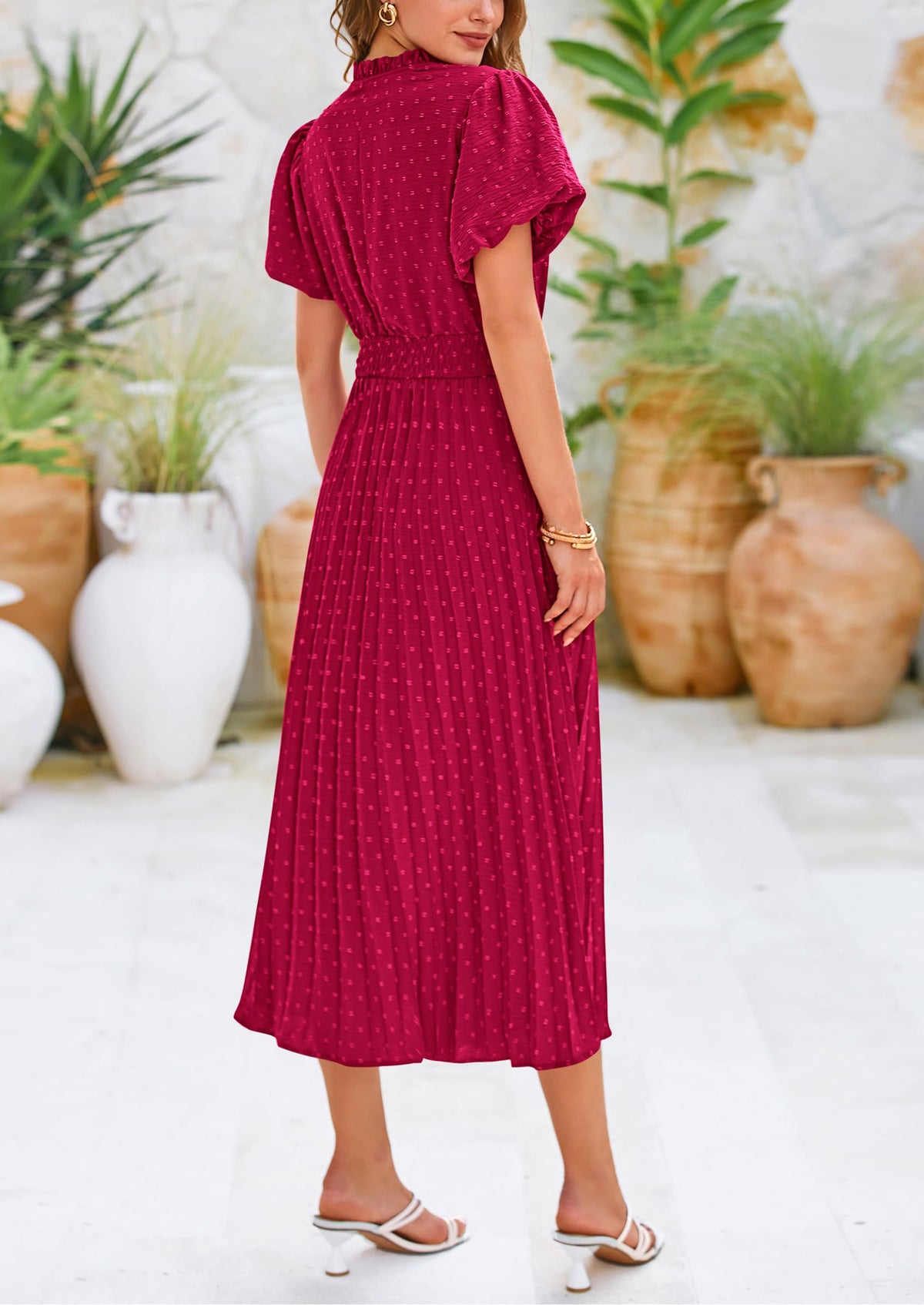 Swiss Dot Pleated A Line Casual Flowy Party Midi Dress
