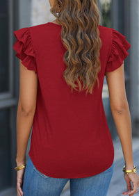 Casual Ruffle Short Sleeve V Neck T-shirts