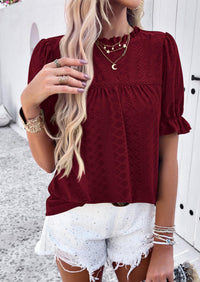 Casual Crew Neck Ruffle Short Sleeve Eyelet Babydoll Blouse