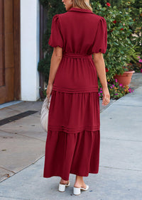 Puff Short Sleeve Lapel V Neck Tiered A-Line Flowy Party Dresses With Belt