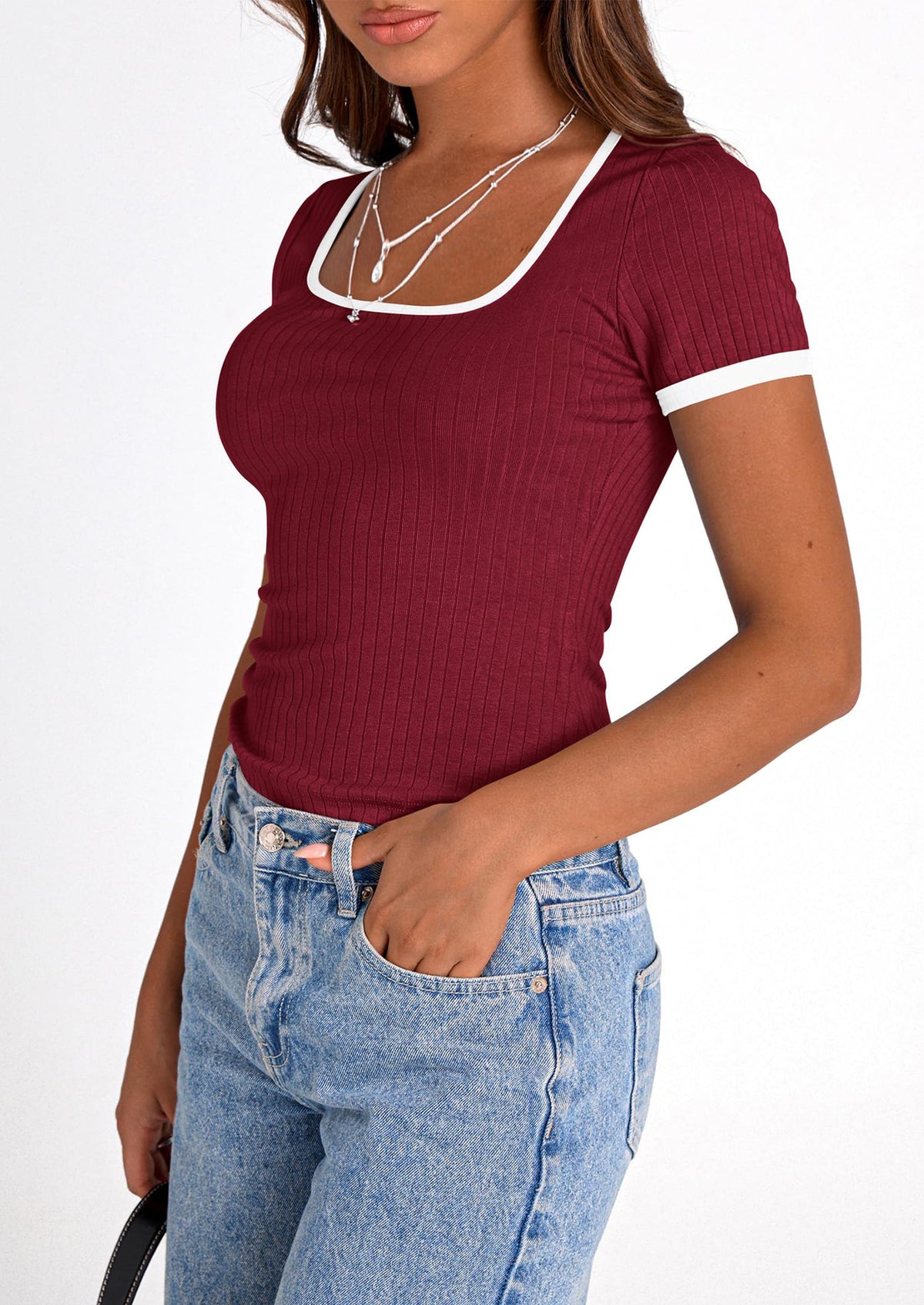 Casual Short Sleeve Ribbed Knit Square Neck Color Block Slim Fit Basic Crop T-shirts