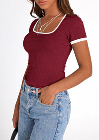 Casual Short Sleeve Ribbed Knit Square Neck Color Block Slim Fit Basic Crop T-shirts