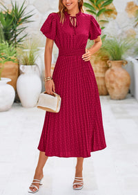 Swiss Dot Pleated A Line Casual Flowy Party Midi Dress