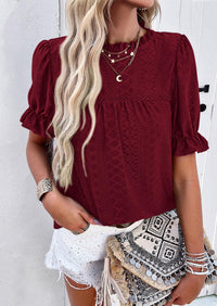 Casual Crew Neck Ruffle Short Sleeve Eyelet Babydoll Blouse