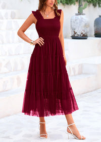 Casual Sleeveless Smocked Ruffle Tulle Flowy Beach Sundress
