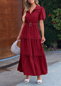 Puff Short Sleeve Lapel V Neck Tiered A-Line Flowy Party Dresses With Belt