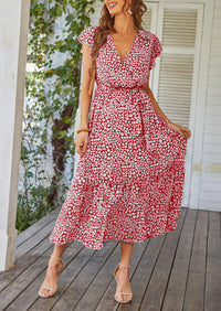 Floral Wrap V Neck Hem A-Line Bohemian Maxi Dresses