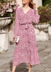 Long Sleeve V Neck Ruffle Belted Boho Dresses