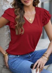 Casual Ruffle Short Sleeve V Neck T-shirts