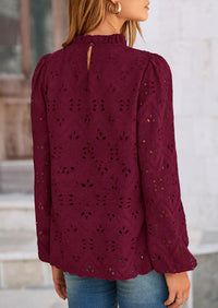 Casual Embroidered Long Puff Sleeve Ruffle Eyelet Lace Blouses