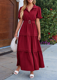 Puff Short Sleeve Lapel V Neck Tiered A-Line Flowy Party Dresses With Belt