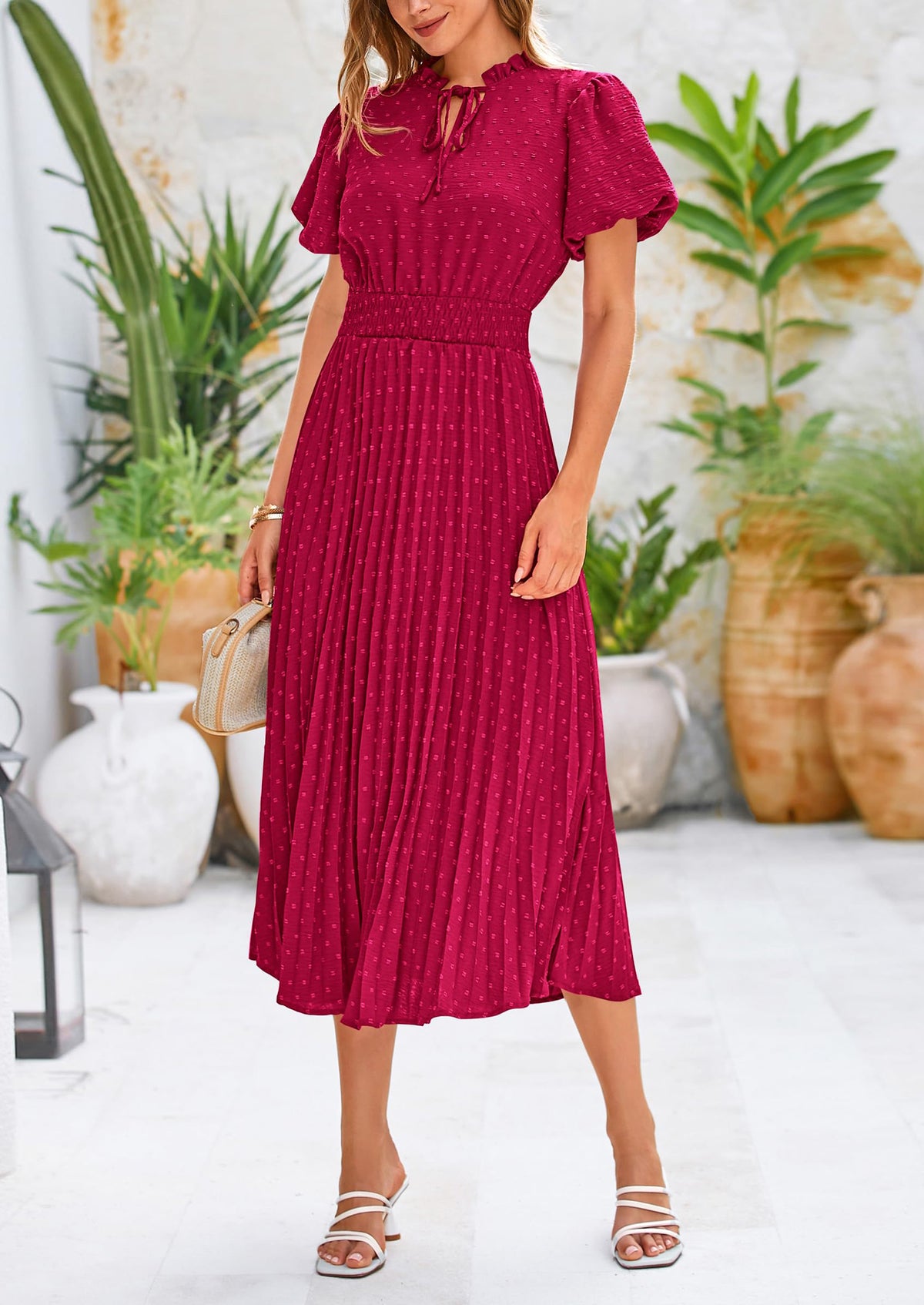Swiss Dot Pleated A Line Casual Flowy Party Midi Dress