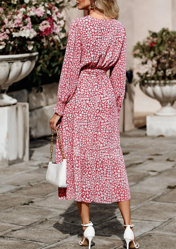 Long Sleeve V Neck Ruffle Belted Boho Dresses