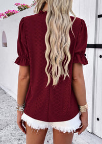 Casual Crew Neck Ruffle Short Sleeve Eyelet Babydoll Blouse