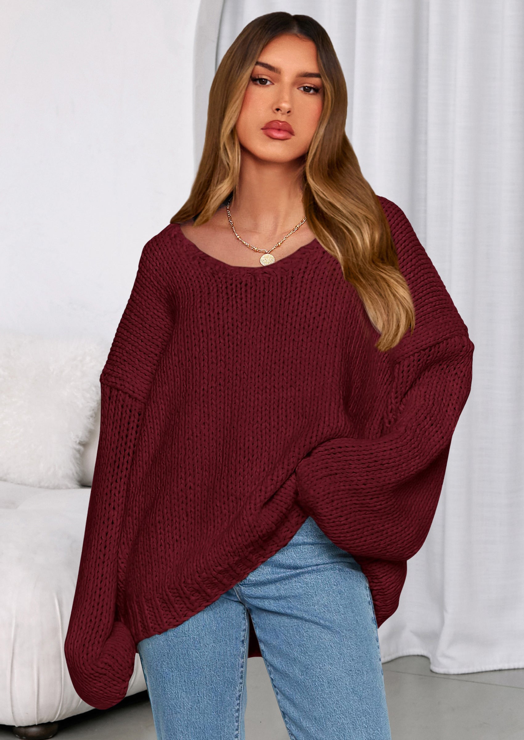 PRETTYGARDEN Women's Fall Oversized Sweaters Long Sleeve V Neck Dressy Casual Chunky Knit Loose Pullover Tops Winter Clothing