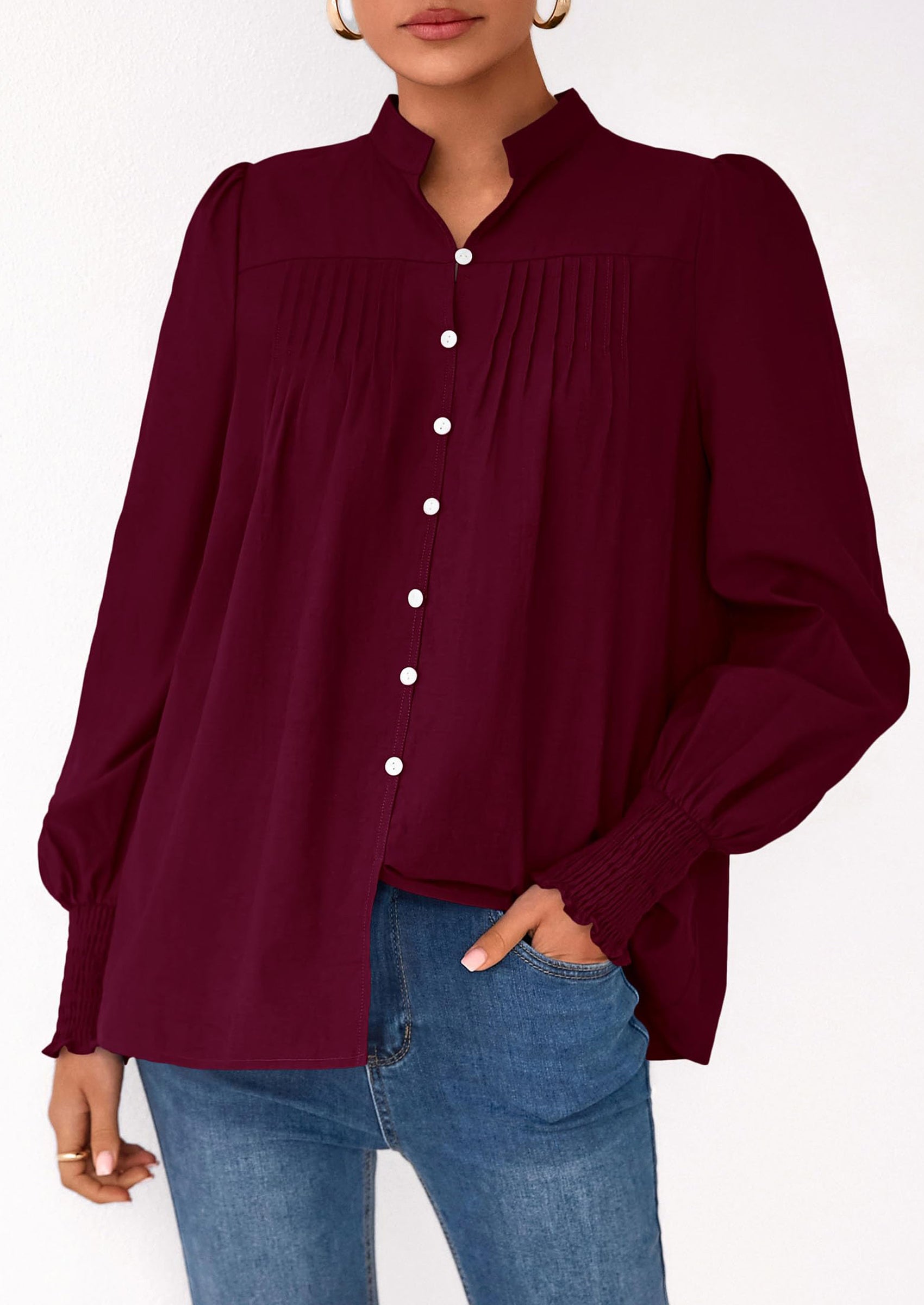 PRETTYGARDEN Womens Fall Lantern Long Sleeve Shirts Trendy Button V Neck Pleated Henley Tops Loose Work Blouses