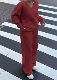 PRETTYGARDEN Casual Winter Two Piece Sets for Women V Neck Sweatshirt Loose Wide Leg Pants Tracksuit Knit Fall Outfits