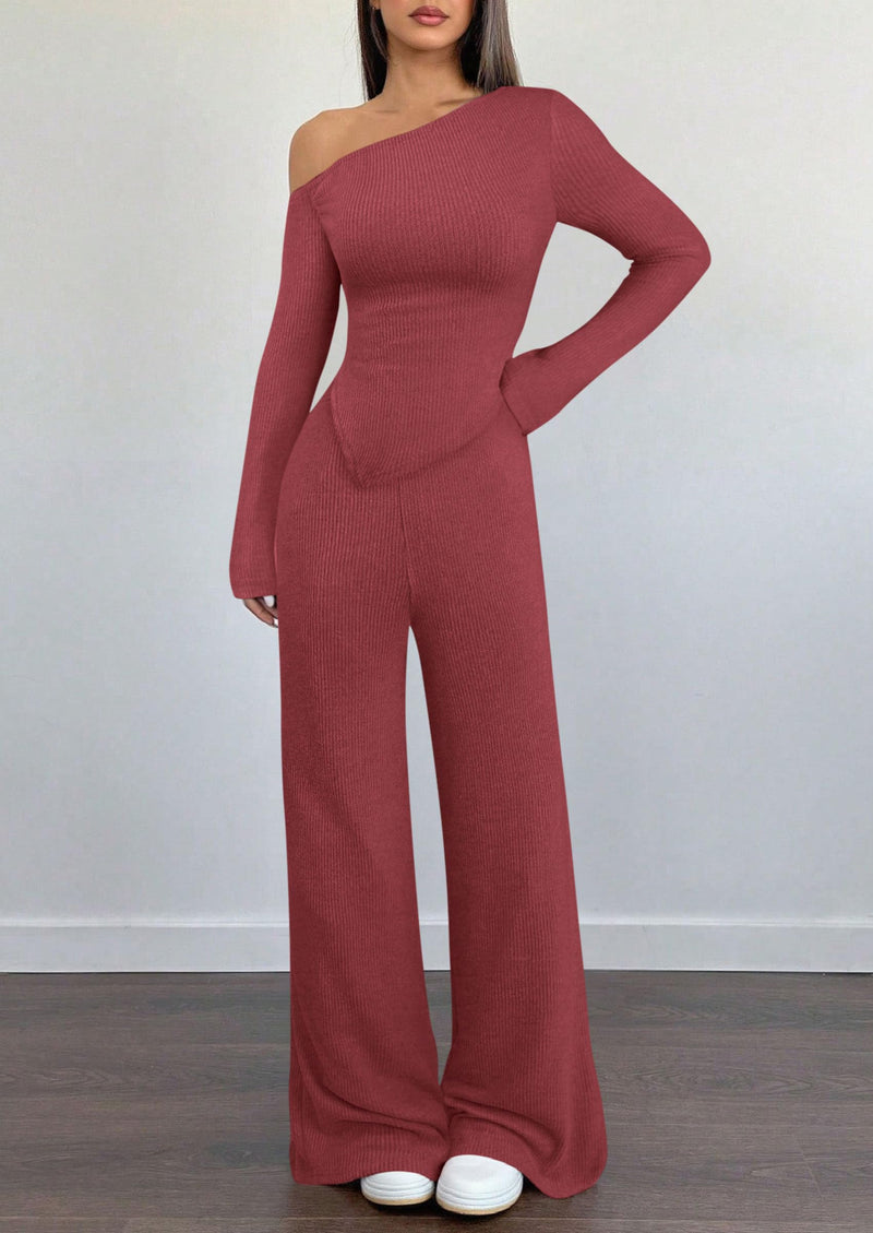PRETTYGARDEN Casual Two Piece Sets for Women Fall Outfits Asymmetrical Off Shoulder Tops Wide Leg Pants Knit Lounge Set