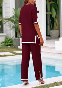 Casual Short Sleeve Knit Sweater Tops Wide Leg Pants 2 Piece Sets