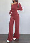 PRETTYGARDEN Casual Two Piece Sets for Women Fall Outfits Asymmetrical Off Shoulder Tops Wide Leg Pants Knit Lounge Set
