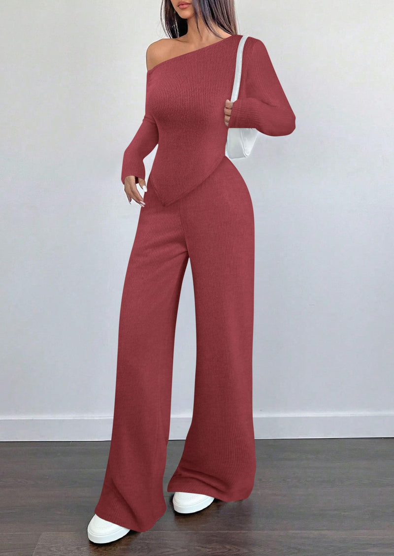 PRETTYGARDEN Casual Two Piece Sets for Women Fall Outfits Asymmetrical Off Shoulder Tops Wide Leg Pants Knit Lounge Set